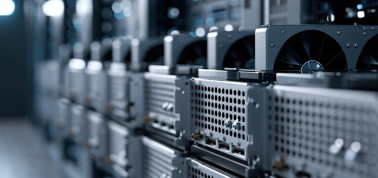 High-performance GPU units installed in a modern server rack for AI, blockchain, and cloud computing applications.