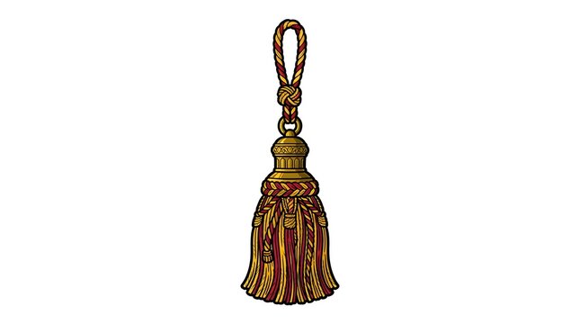 Hand-drawn illustration of a classic decorative tassel in gold and red colors. Ideal for interior design concepts, graduation, luxury furnishings, and elegant borders.