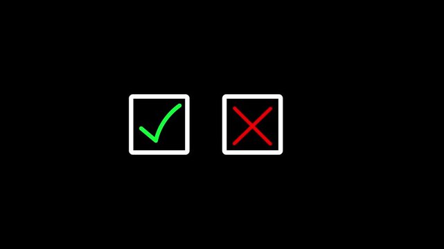 Right and Wrong Checkmark and Cross Checkbox Sign Icons on Black Background