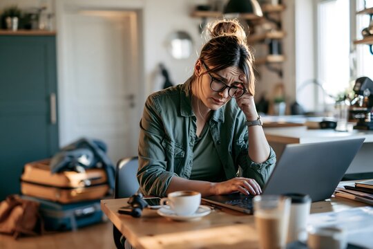 &Uuml;berforderte Frau sitzt nach der Urlaubsr&uuml;ckkehr am Laptop