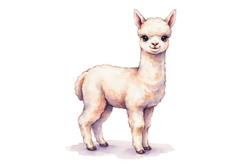 Fototapeta premium A cute baby alpaca standing on a soft white cloud, depicted in a soft watercolor painting style with a clean transparent background isolated