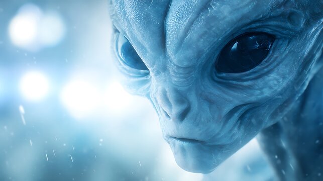 Close-up of an aliens face with glowing blue eyes and a mysterious, otherworldly expression, set against a blurred, ethereal background with bright light flares.