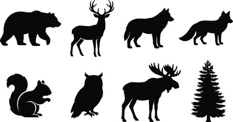 Obraz premium Black Silhouette Collection of Forest Animals and Tree for Wildlife and Nature Design