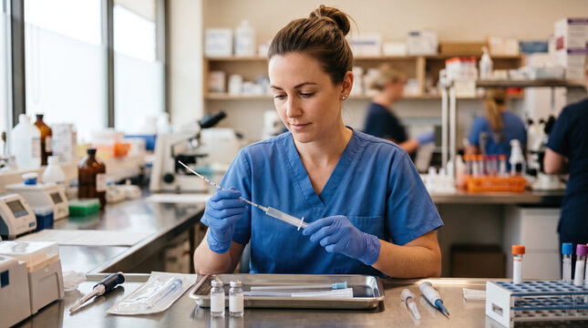 Female technician preparing syringe and catheter for IUI fertility procedure