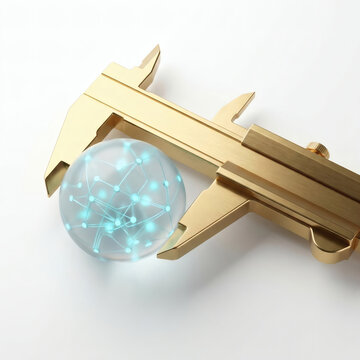 Golden caliper measuring a glowing data network sphere, 3D render, generative AI