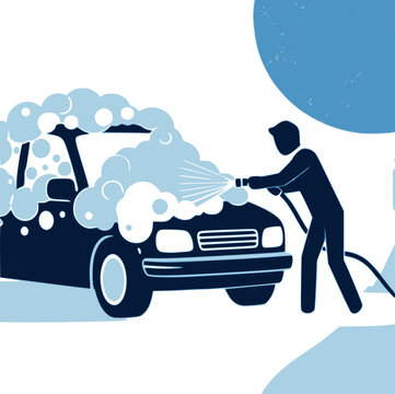 Worker spraying active foam on a car silhouette: Design for car wash signage, auto detailing services, or maintenance service flyers. Transparent background SVG version.