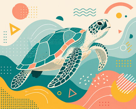 Modern flat vector illustration of a sea turtle with colorful abstract geometric elements. Marine wildlife, ocean conservation, eco design, educational graphic, and nature-themed artwork.