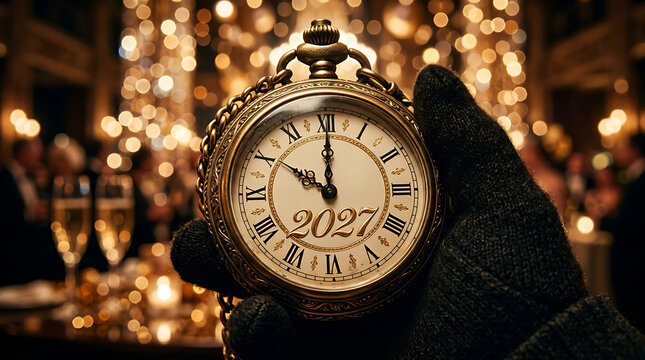 Vintage pocket watch showing 2027. New Year celebration countdown with golden bokeh lights.