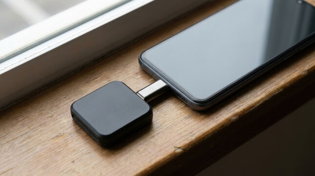 Smartphone card reader on wooden desk near window light, sleek black device, close up tech scene