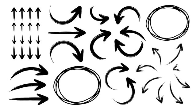 Doodle style hand drawn arrow set with directional pointing highlight