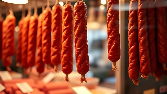 Whole red capicola salami hanging in a deli display case.