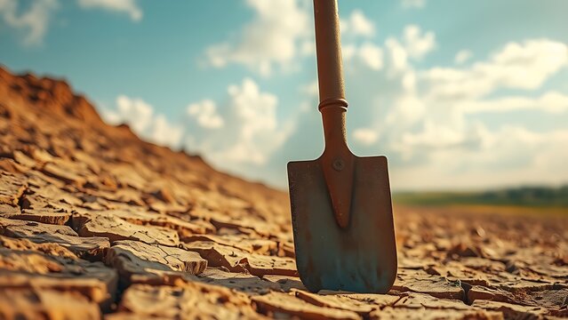 Rusty hoe leaning against cracked earth under harsh sunlight.