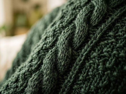 Close up texture of green knitted wool fabric pattern background macro