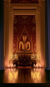 Serene golden Buddha statue glows within a tranquil temple bathed in soft candlelight