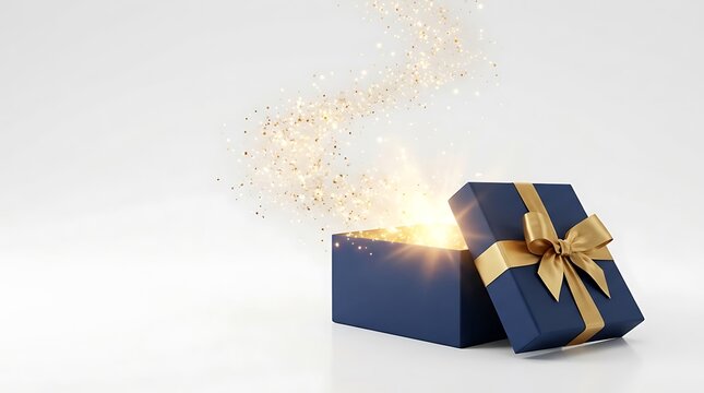 A dark blue gift box with a golden ribbon is open on a white background with a bright magical light shining from inside