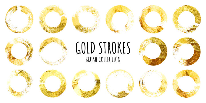 Golden grunge circles, brush strokes, lines, ink smudges, hand-drawn scribble shapes. Handmade sketchy marks, acrylic stains, charcoal streaks. Paint textures, dry brush effect. Vector illustration