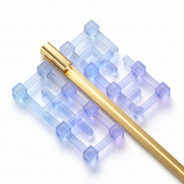 Abstract integrated circuit concept with golden bar and frosted glass cubes, 3D render, generative AI