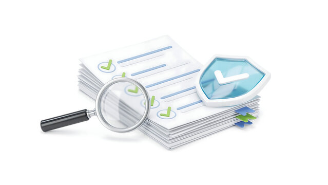 Business compliance audit document review with magnifying glass and shield