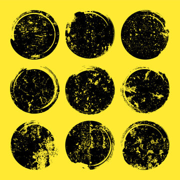 Various grunge circles with stains and scratches. Circle brush stroke, round shape design element. Distressed dirty text frame, border, sticker or label. Paintbrush, ink stains. Vector illustration