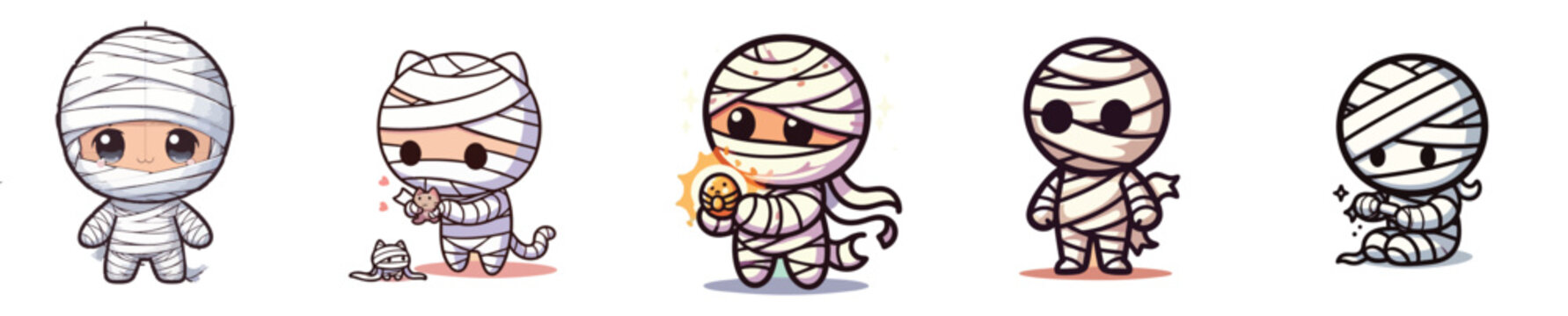 Cute zombie and mummy characters in Halloween poses. Adorable cartoon undead figures for spooky seasonal designs and kids media.