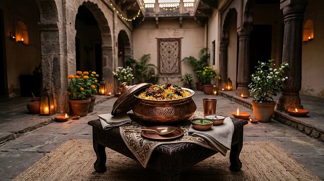 Traditional Indian Biryani Served in an Ornate Heritage Courtyard
