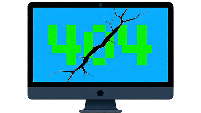 Flat Vector Illustration of Broken Computer Monitor Displaying 404 Error Isolated On Transparent Background