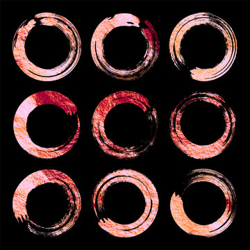 Rose gold grunge circles, brush strokes, lines, ink smudges, handdrawn scribble shapes. Handmade sketchy marks, acrylic stains, charcoal streaks. Paint textures, dry brush effect. Vector illustration.