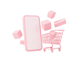 Pink smartphone with shopping cart and floating cubes © HOAI PHAM