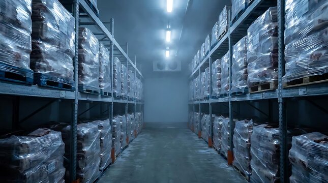 Industrial cold storage warehouse with wrapped pallets on shelves