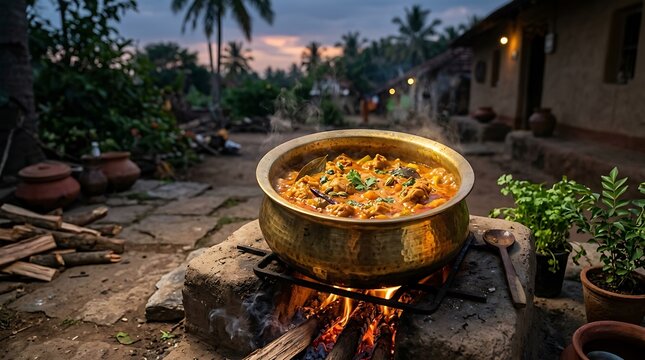 Traditional Indian Curry Simmering in Brass Pot over Wood Fire in Rural Village