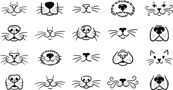 Collection of hand drawn animal noses and mouths including cats dogs and various cute pet facial features