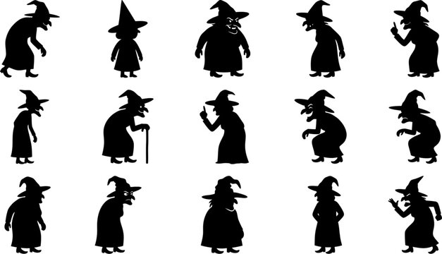 Collection of ugly old witch silhouettes featuring hooked noses and pointed hats in spooky positions.