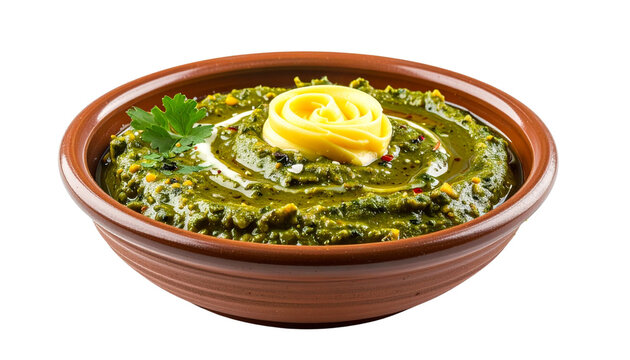 A rustic bowl filled with traditional dish saag, creamy spiced mustard greens with a glossy texture, garnished with a swirl of butter and fresh herbs, isolated on transparent background