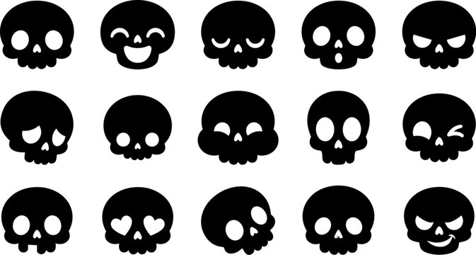 Skull emoji set with various facial expressions isolated black silhouettes on transparent background.