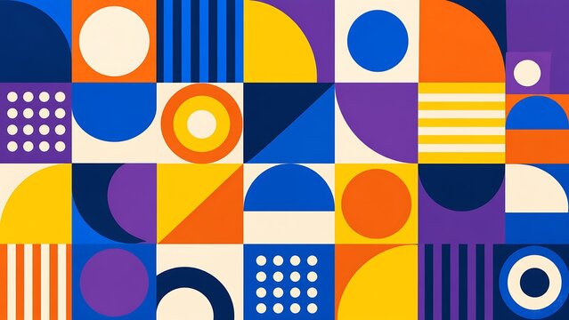 A vibrant geometric collage featuring grid-aligned shapes like circles, semicircles, and stripes in bold blue, orange, yellow, and purple tones.