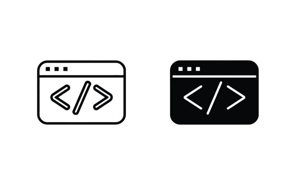 Browser window coding interface icons for web development with programming