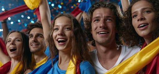 Obraz premium In a lively stadium, enthusiastic soccer supporters cheer energetically, waving colorful scarves amidst sparkling confetti.