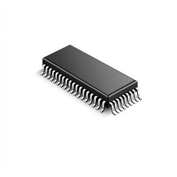 Black rectangular integrated circuit microchip with silver pins isolated on clean plain white background represents electronic semiconductor computing hardware technology
