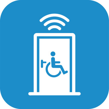 Smart elevator accessibility icon showing wireless signal and wheelchair user inside cabin.