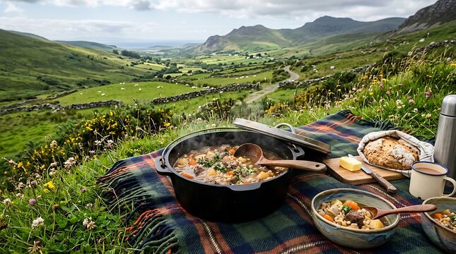 Traditional Irish Stew Picnic in the Green Hills of Ireland