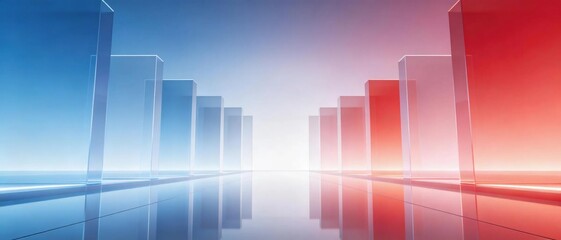 Fototapeta premium Symmetrical corridor made of transparent gradient glass blocks shifting from blue to red with bright glowing light at center represents business growth and balance concepts