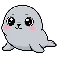 Fototapeta premium Cute Seal Illustration: A charming cartoon seal, with large, expressive eyes and rosy cheeks, is depicted in a friendly, approachable style. Its smooth gray body and small flippers give it a playful.