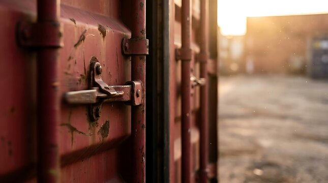 Rusted metal latch on red shipping container