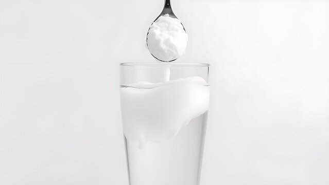 Spoonful of cornstarch falling into a glass of water, creating a swirling opaque cloud against a plain background.