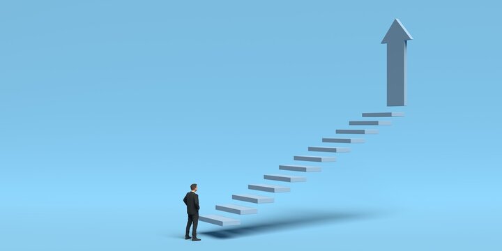 Business man in front of stairs with arrow at end over blue background, career success or progress business concept