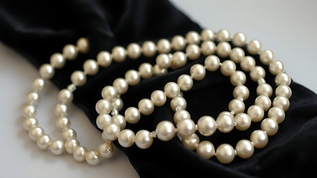 Vintage pearl necklace coiled on black velvet fabric, soft lighting.