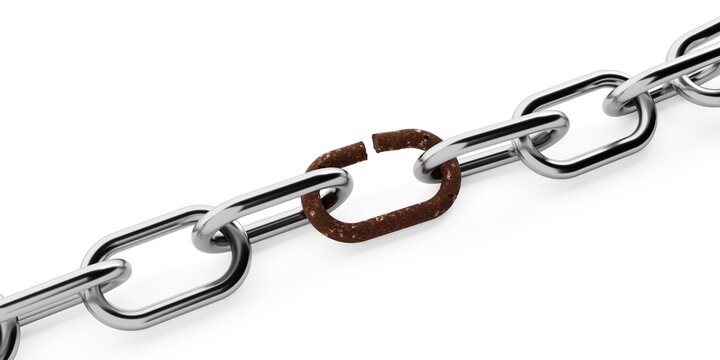Shiny chrome metal chain with one open rusty link connection on white background, breaking free or failure concept