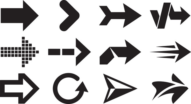 Black and white abstract arrows set modern design elements vector background pattern simple chevron split tail folded ribbon pixelated grid dashed folded corner speed lines outline circular reload fac