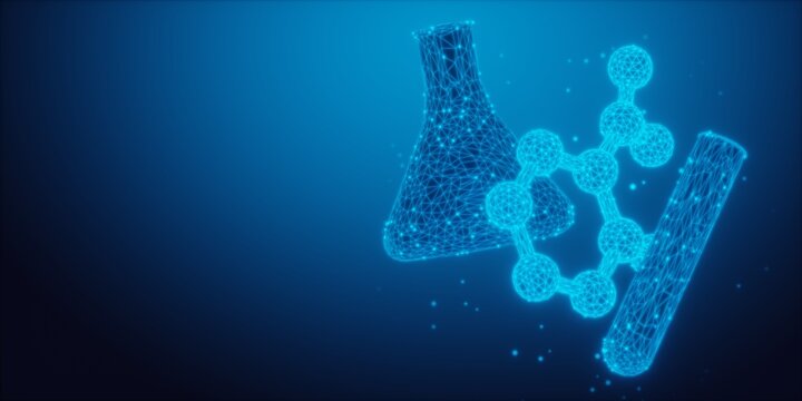 Blue glowing wireframe chemistry flask, test tube and molecule shape on blue background with copy space, pharmacy, chemistry or science template concept