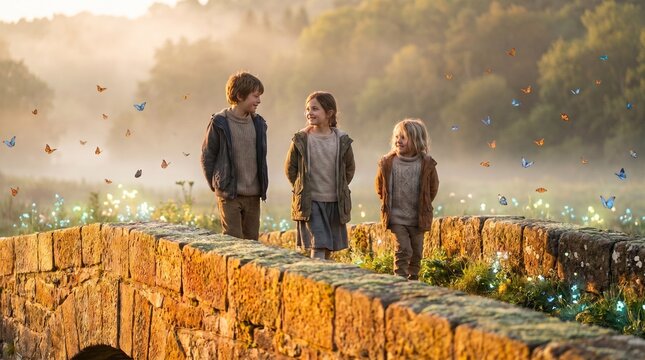 Three Siblings Enjoying a Peaceful Countryside Walk Together